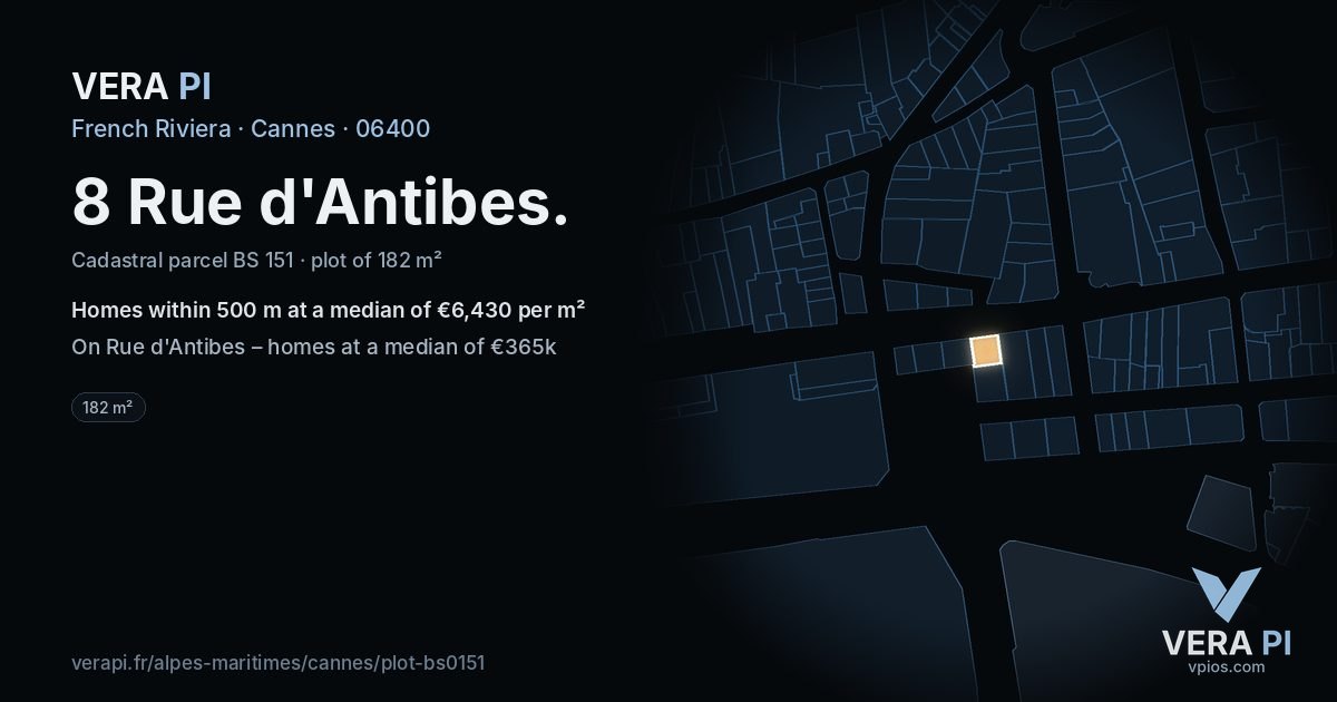 8 Rue d'Antibes, Cannes at night – the plot lit, the parcels around coloured by the prices near them