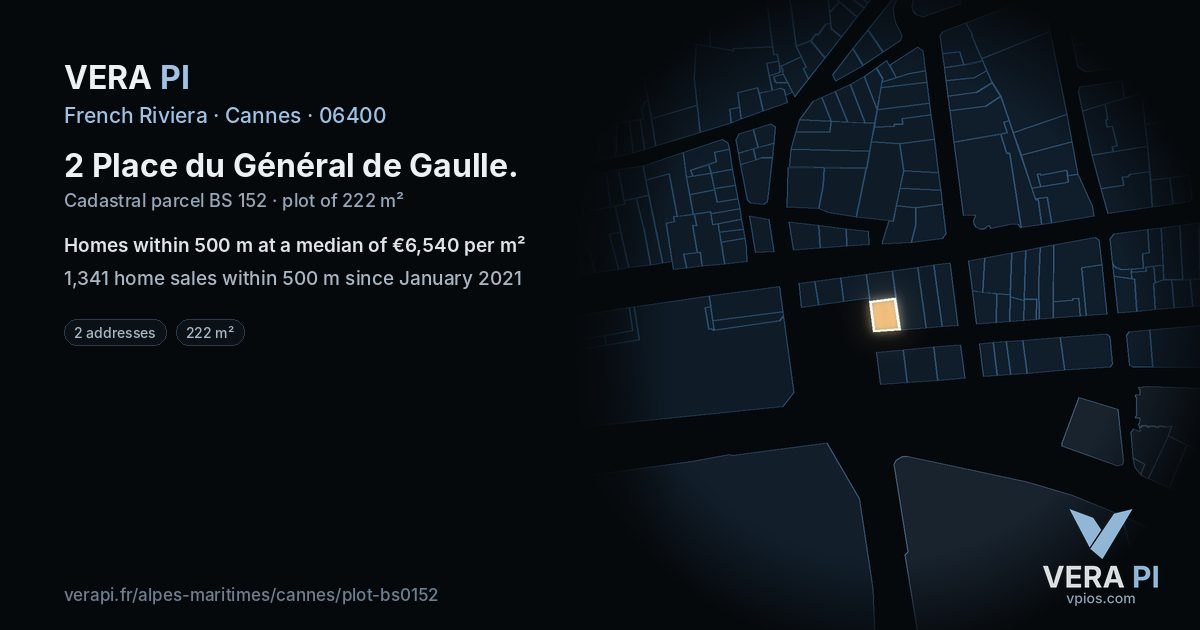 2 Place du Général de Gaulle, Cannes at night – the plot lit, the parcels around coloured by the prices near them