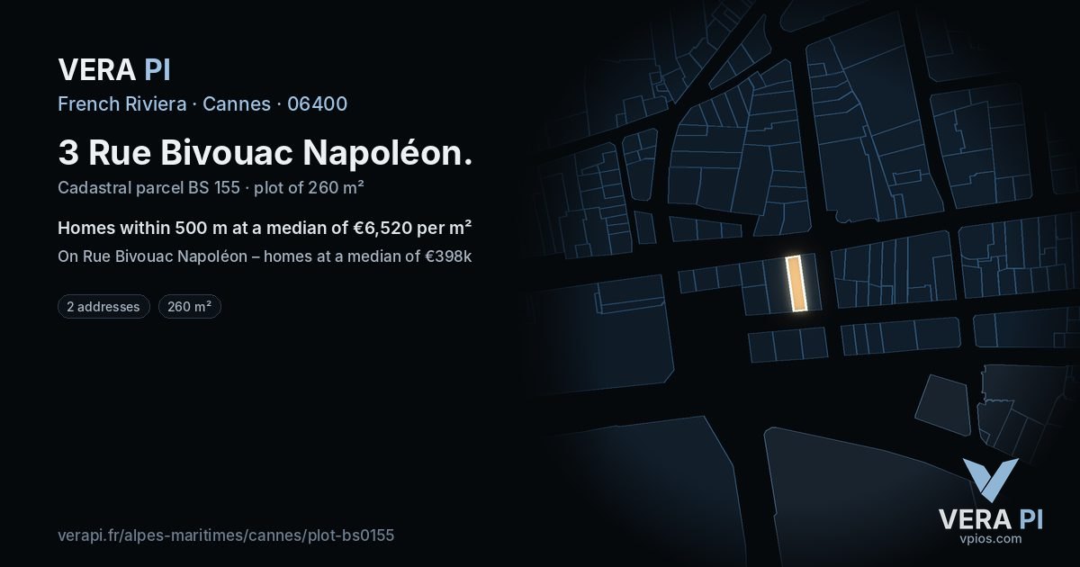 3 Rue Bivouac Napoléon, Cannes at night – the plot lit, the parcels around coloured by the prices near them