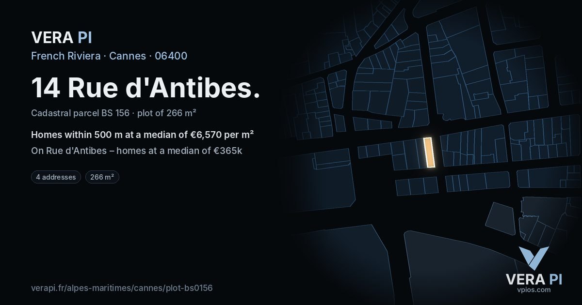 14 Rue d'Antibes, Cannes at night – the plot lit, the parcels around coloured by the prices near them