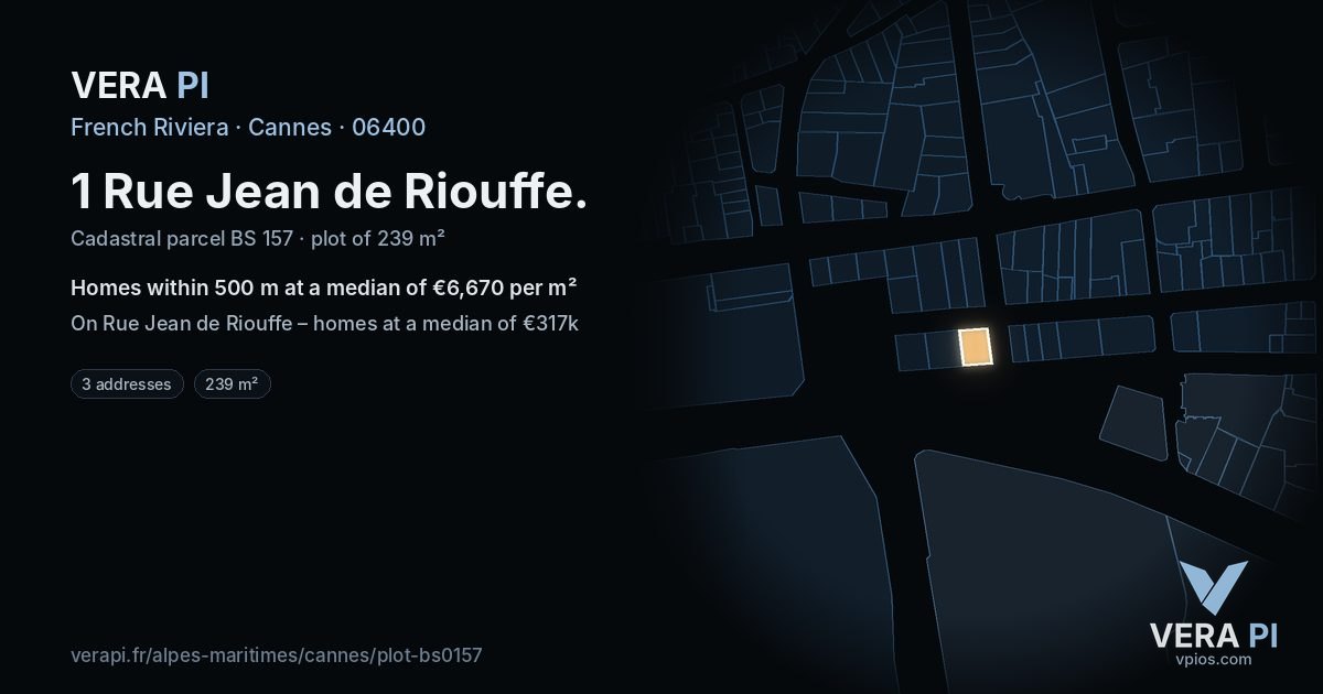 1 Rue Jean de Riouffe, Cannes at night – the plot lit, the parcels around coloured by the prices near them