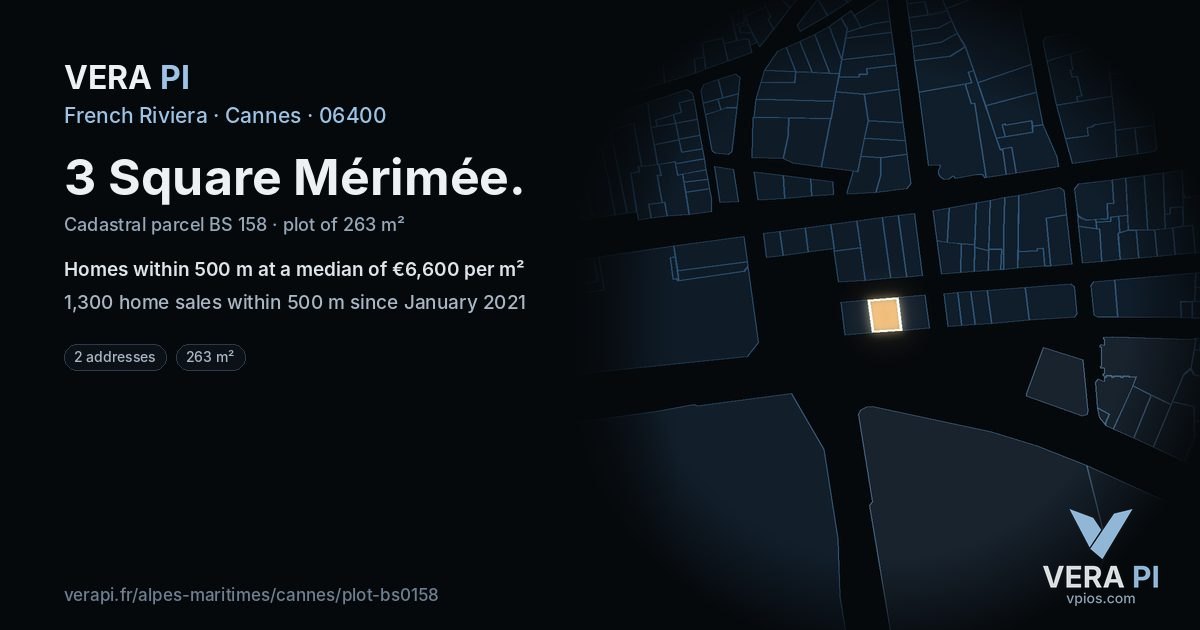 3 Square Mérimée, Cannes at night – the plot lit, the parcels around coloured by the prices near them