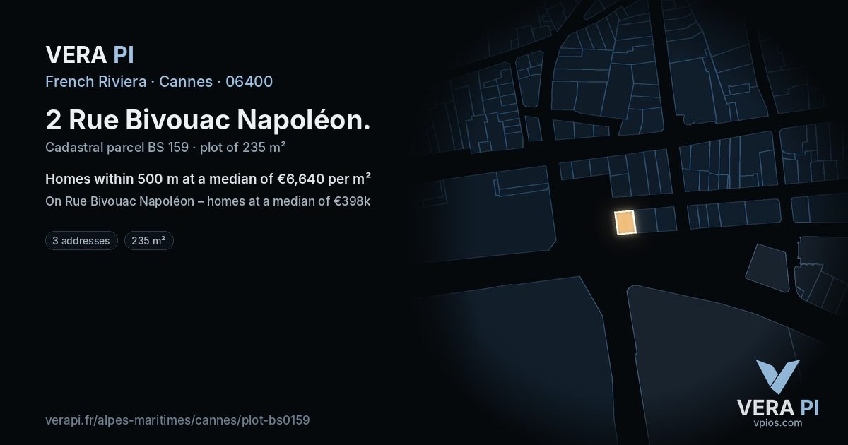 2 Rue Bivouac Napoléon, Cannes at night – the plot lit, the parcels around coloured by the prices near them