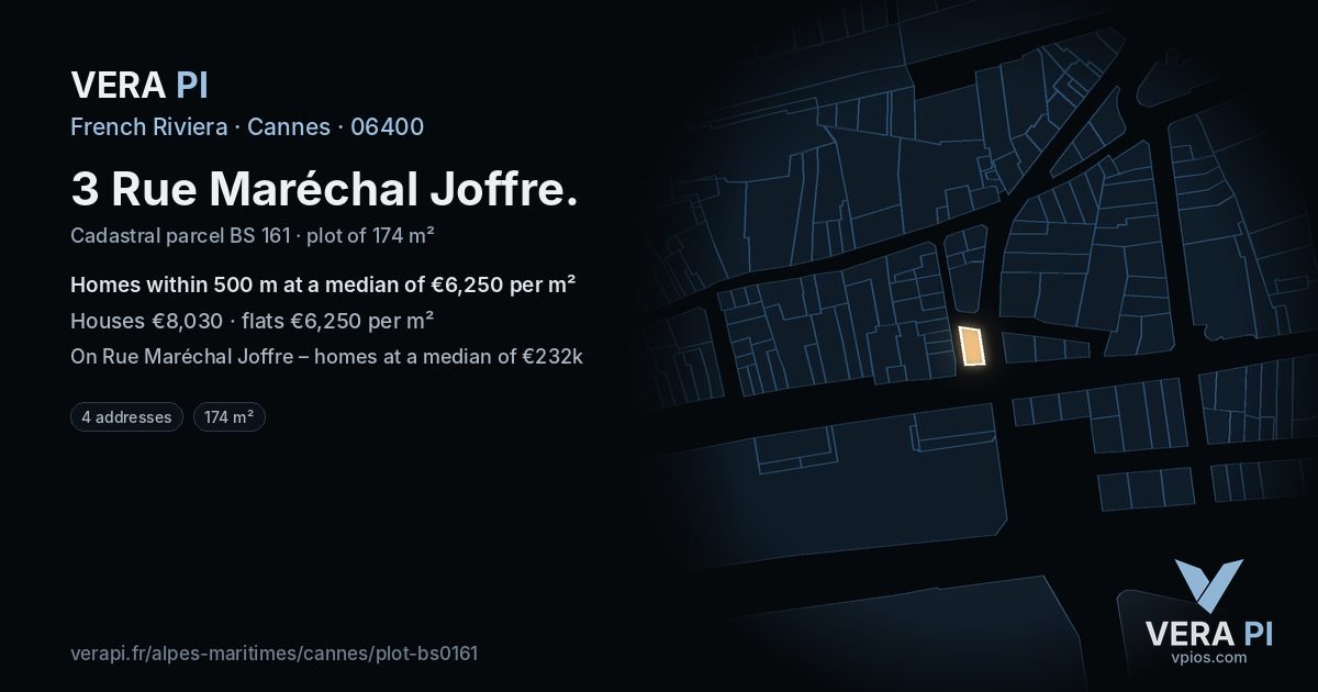 3 Rue Maréchal Joffre, Cannes at night – the plot lit, the parcels around coloured by the prices near them