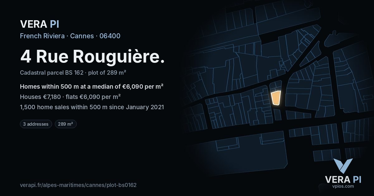 4 Rue Rouguière, Cannes at night – the plot lit, the parcels around coloured by the prices near them