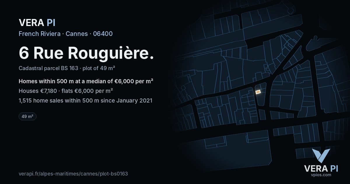 6 Rue Rouguière, Cannes at night – the plot lit, the parcels around coloured by the prices near them