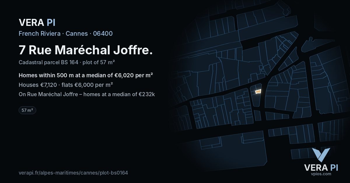 7 Rue Maréchal Joffre, Cannes at night – the plot lit, the parcels around coloured by the prices near them