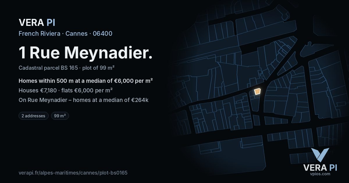 1 Rue Meynadier, Cannes at night – the plot lit, the parcels around coloured by the prices near them