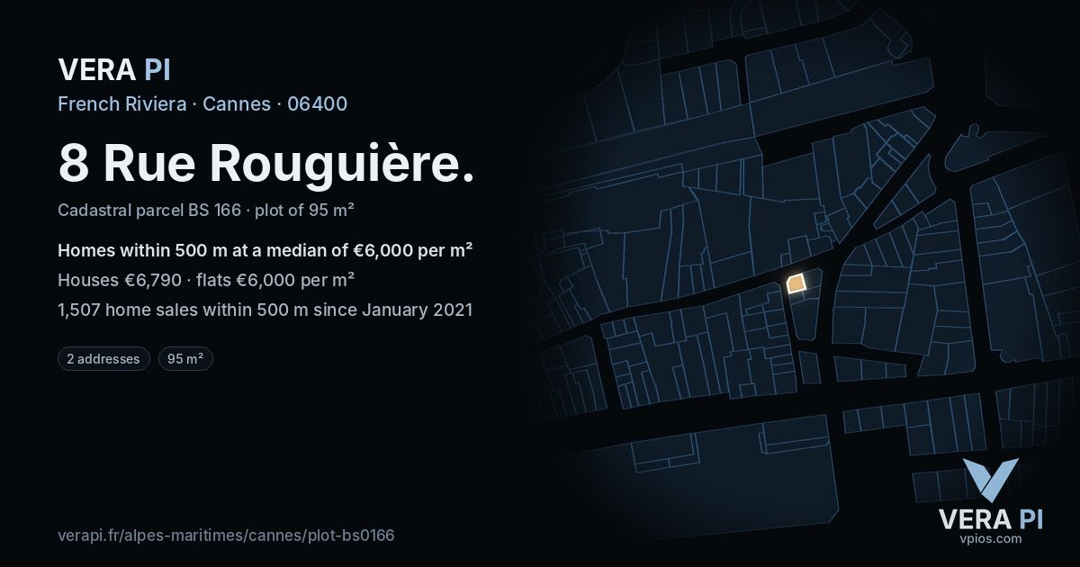 8 Rue Rouguière, Cannes at night – the plot lit, the parcels around coloured by the prices near them