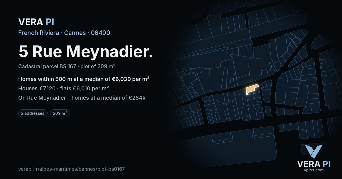 5 Rue Meynadier, Cannes at night – the plot lit, the parcels around coloured by the prices near them