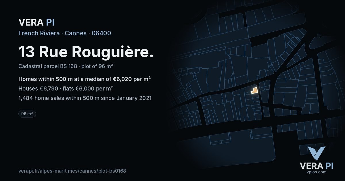 13 Rue Rouguière, Cannes at night – the plot lit, the parcels around coloured by the prices near them