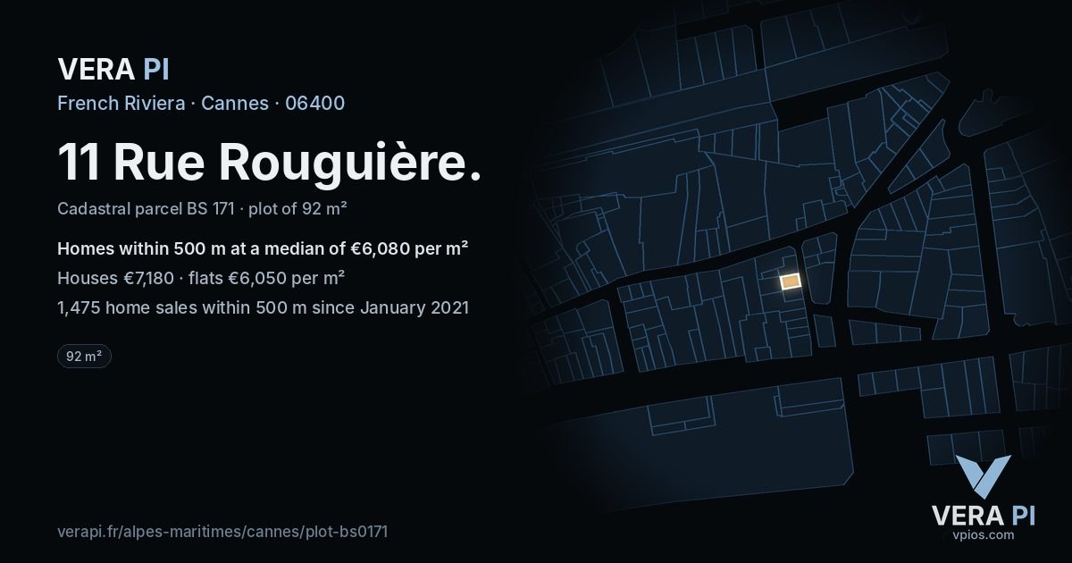 11 Rue Rouguière, Cannes at night – the plot lit, the parcels around coloured by the prices near them