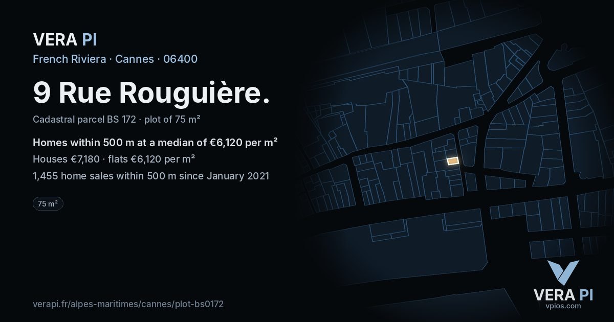 9 Rue Rouguière, Cannes at night – the plot lit, the parcels around coloured by the prices near them