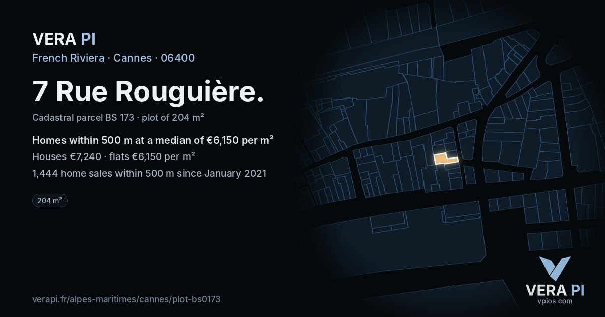 7 Rue Rouguière, Cannes at night – the plot lit, the parcels around coloured by the prices near them