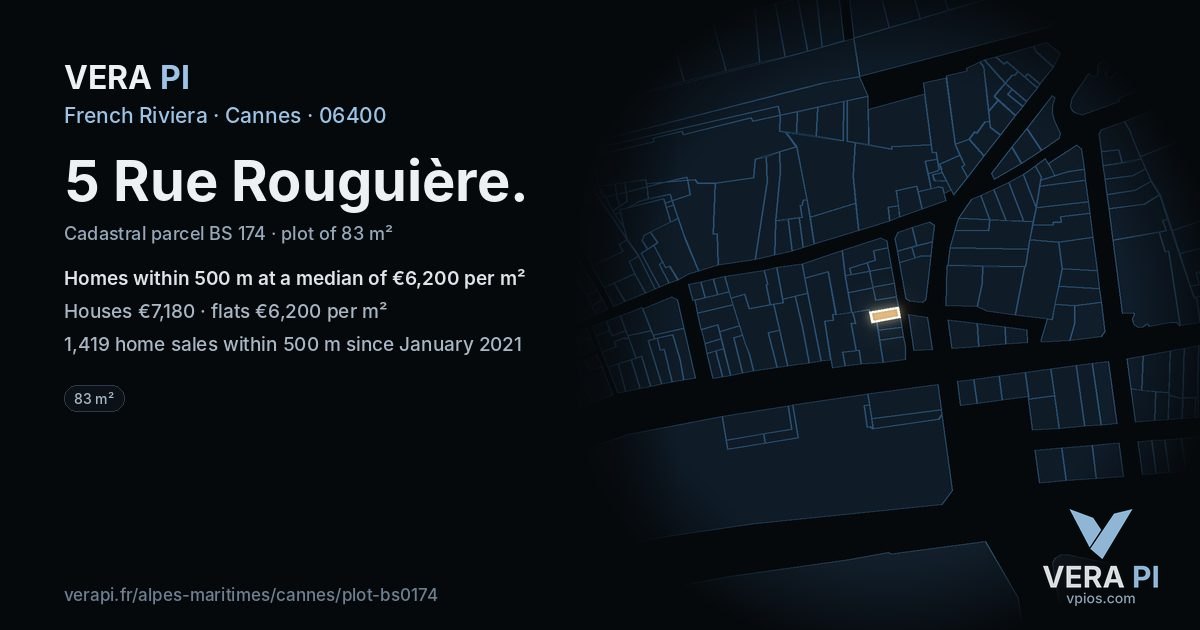 5 Rue Rouguière, Cannes at night – the plot lit, the parcels around coloured by the prices near them