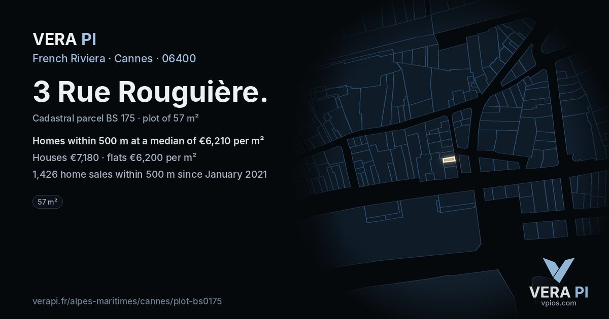 3 Rue Rouguière, Cannes at night – the plot lit, the parcels around coloured by the prices near them