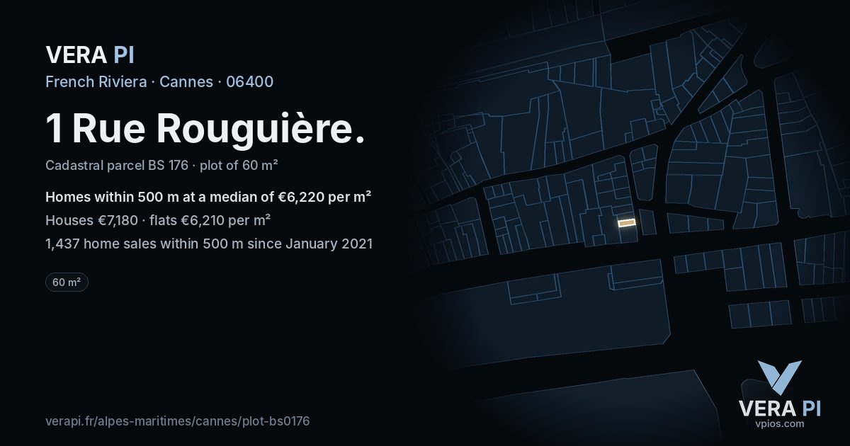 1 Rue Rouguière, Cannes at night – the plot lit, the parcels around coloured by the prices near them
