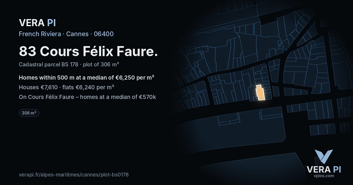 83 Cours Félix Faure, Cannes at night – the plot lit, the parcels around coloured by the prices near them