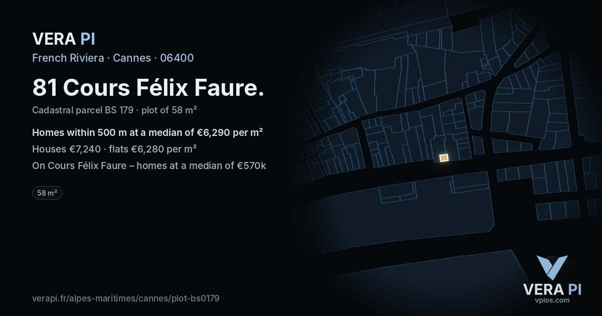 81 Cours Félix Faure, Cannes at night – the plot lit, the parcels around coloured by the prices near them