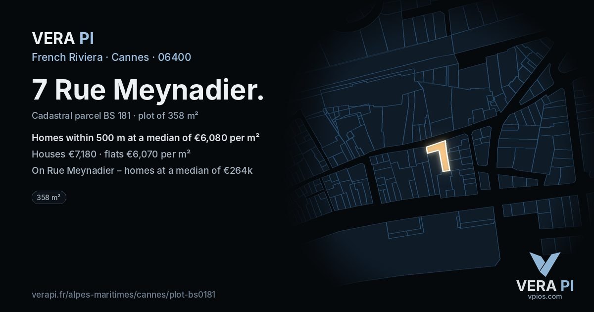 7 Rue Meynadier, Cannes at night – the plot lit, the parcels around coloured by the prices near them