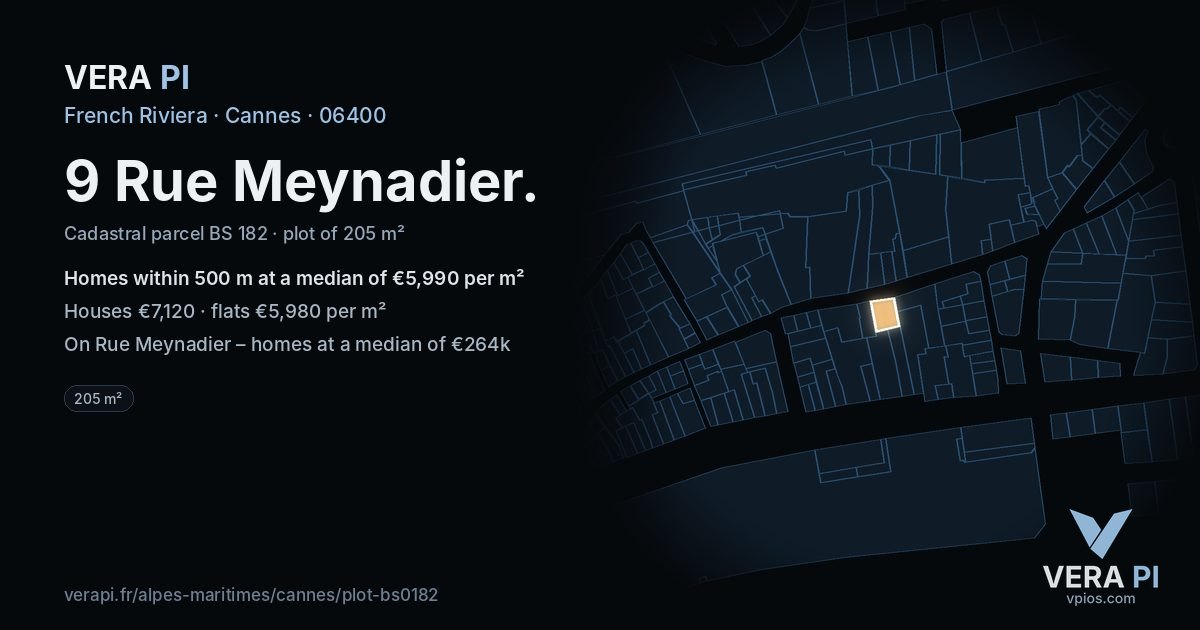 9 Rue Meynadier, Cannes at night – the plot lit, the parcels around coloured by the prices near them