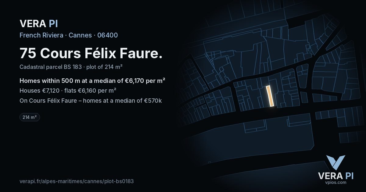 75 Cours Félix Faure, Cannes at night – the plot lit, the parcels around coloured by the prices near them