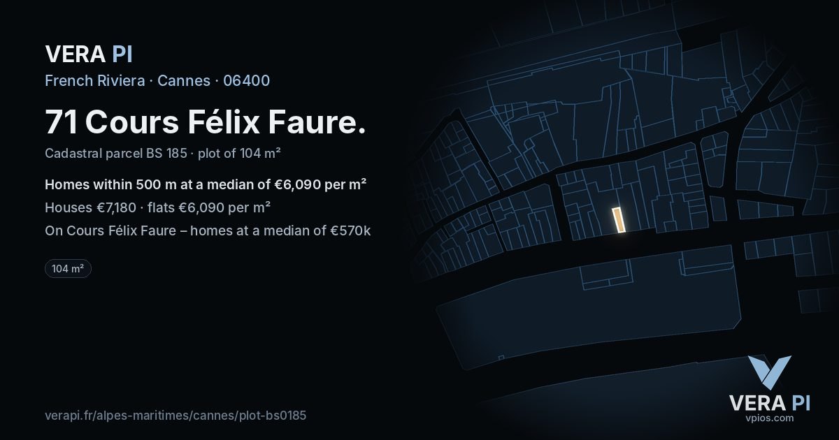 71 Cours Félix Faure, Cannes at night – the plot lit, the parcels around coloured by the prices near them