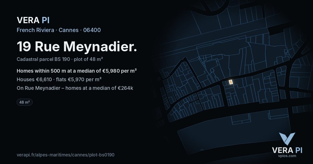 19 Rue Meynadier, Cannes at night – the plot lit, the parcels around coloured by the prices near them