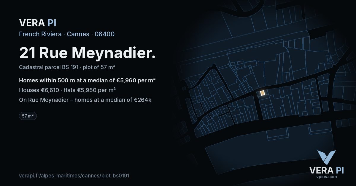 21 Rue Meynadier, Cannes at night – the plot lit, the parcels around coloured by the prices near them