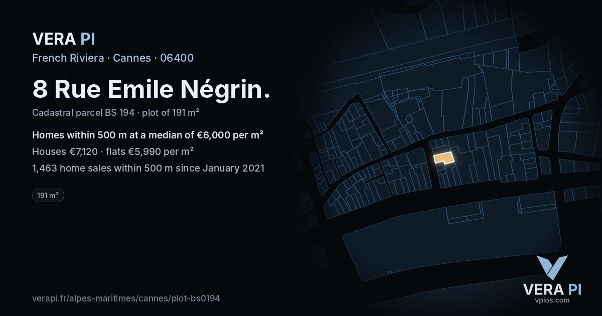 8 Rue Emile Négrin, Cannes at night – the plot lit, the parcels around coloured by the prices near them
