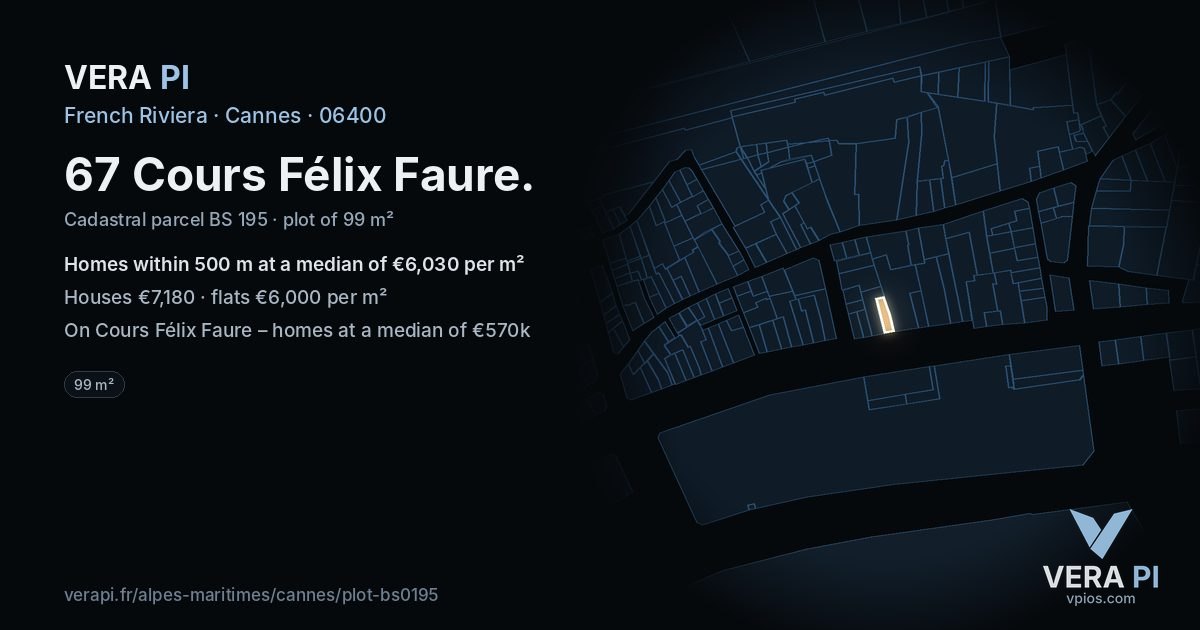 67 Cours Félix Faure, Cannes at night – the plot lit, the parcels around coloured by the prices near them