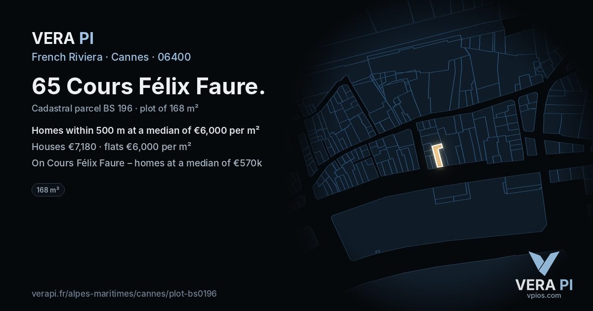 65 Cours Félix Faure, Cannes at night – the plot lit, the parcels around coloured by the prices near them