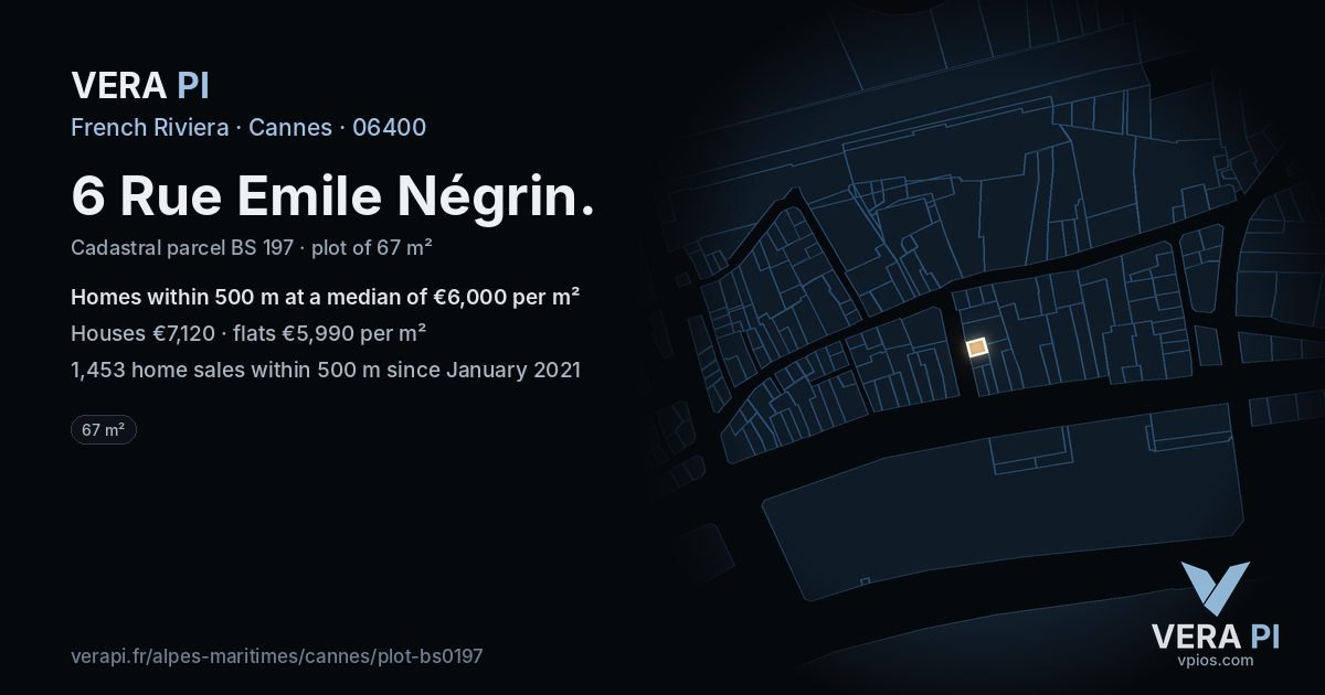 6 Rue Emile Négrin, Cannes at night – the plot lit, the parcels around coloured by the prices near them