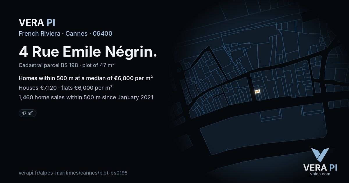 4 Rue Emile Négrin, Cannes at night – the plot lit, the parcels around coloured by the prices near them