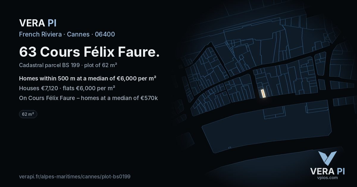 63 Cours Félix Faure, Cannes at night – the plot lit, the parcels around coloured by the prices near them
