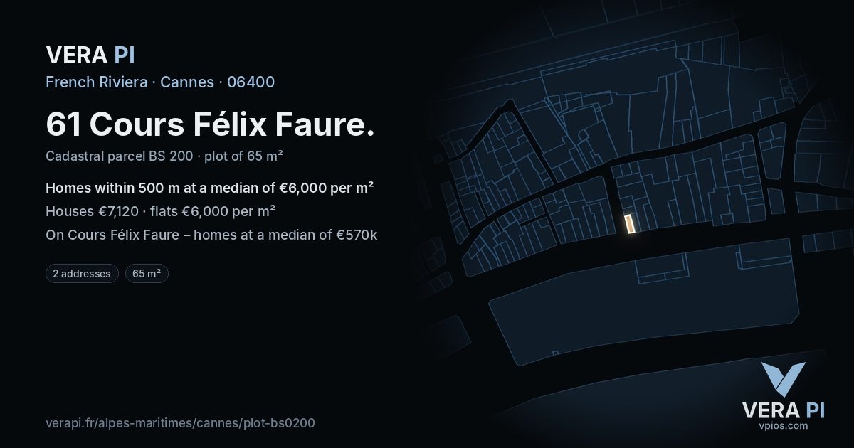 61 Cours Félix Faure, Cannes at night – the plot lit, the parcels around coloured by the prices near them