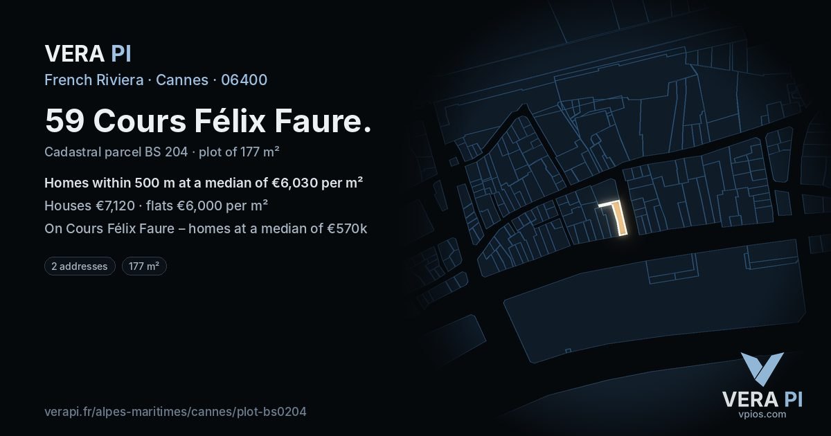59 Cours Félix Faure, Cannes at night – the plot lit, the parcels around coloured by the prices near them
