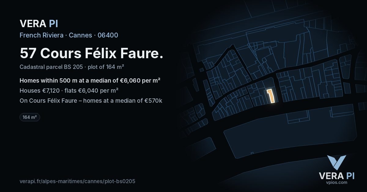 57 Cours Félix Faure, Cannes at night – the plot lit, the parcels around coloured by the prices near them