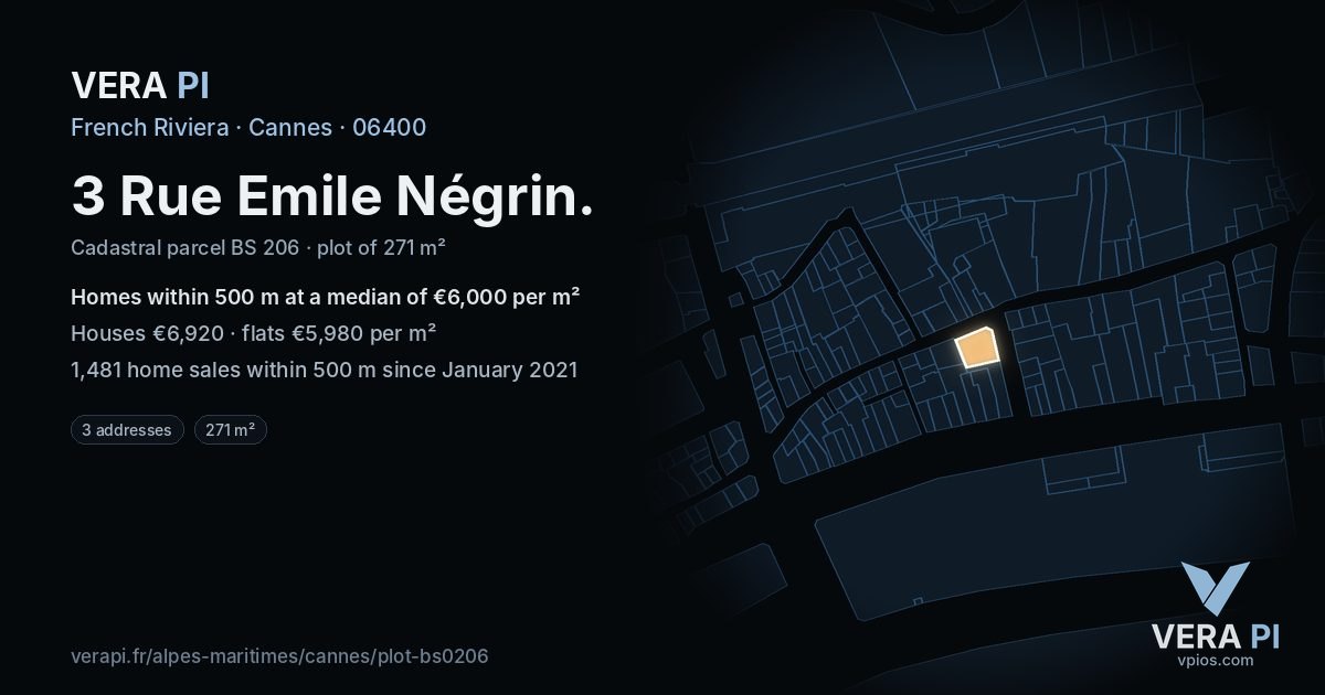 3 Rue Emile Négrin, Cannes at night – the plot lit, the parcels around coloured by the prices near them