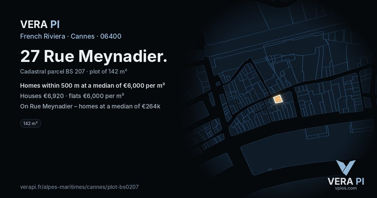 27 Rue Meynadier, Cannes at night – the plot lit, the parcels around coloured by the prices near them