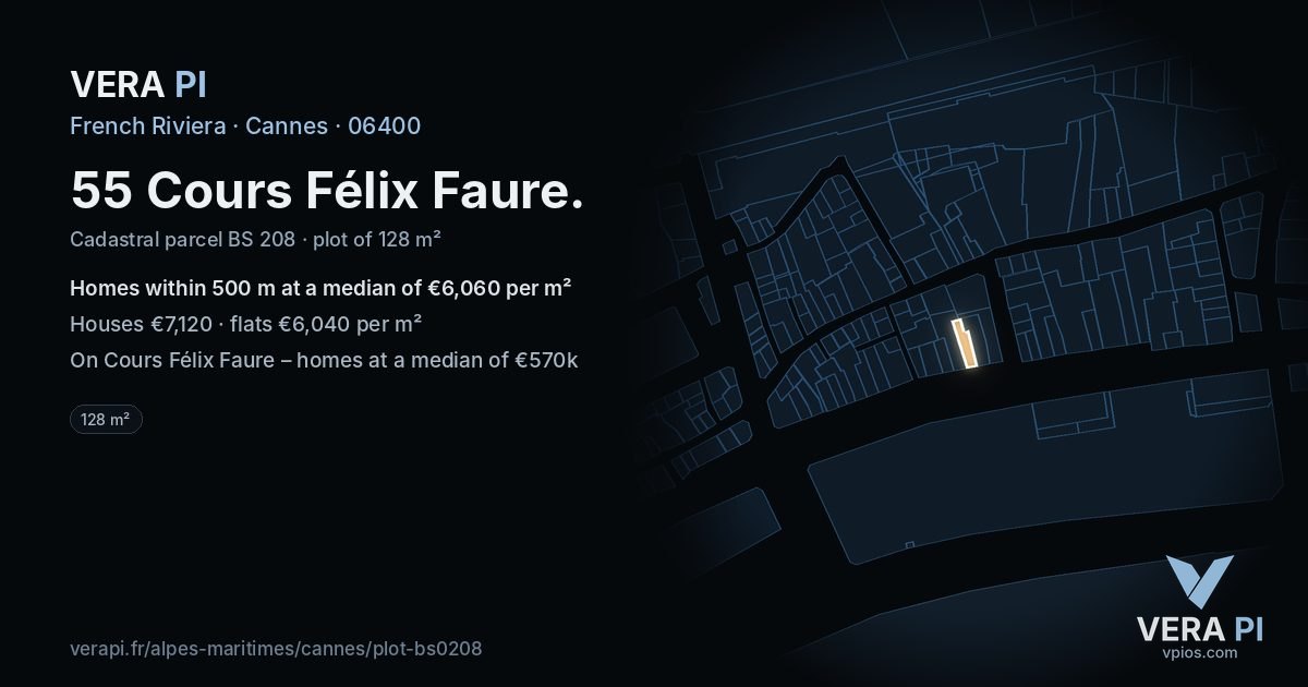 55 Cours Félix Faure, Cannes at night – the plot lit, the parcels around coloured by the prices near them