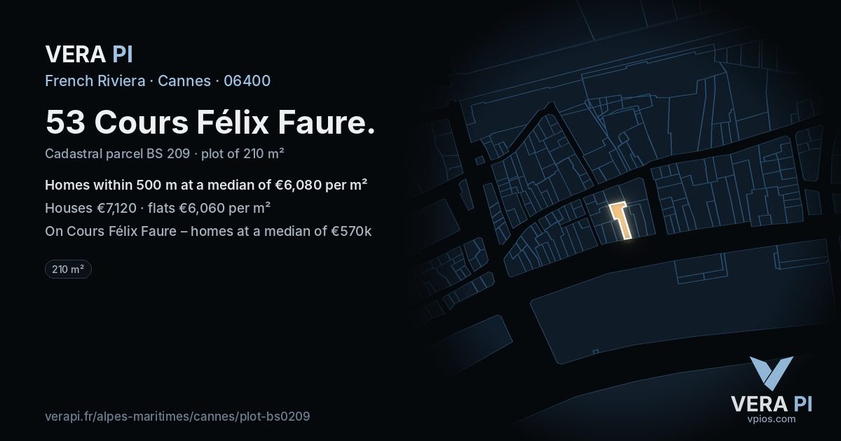 53 Cours Félix Faure, Cannes at night – the plot lit, the parcels around coloured by the prices near them