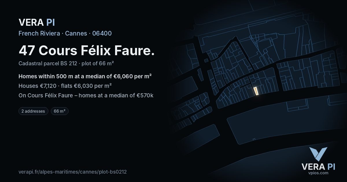 47 Cours Félix Faure, Cannes at night – the plot lit, the parcels around coloured by the prices near them