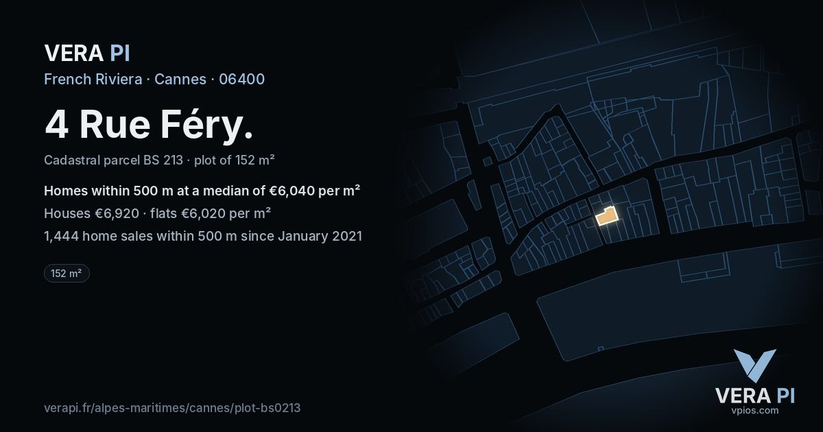 4 Rue Féry, Cannes at night – the plot lit, the parcels around coloured by the prices near them