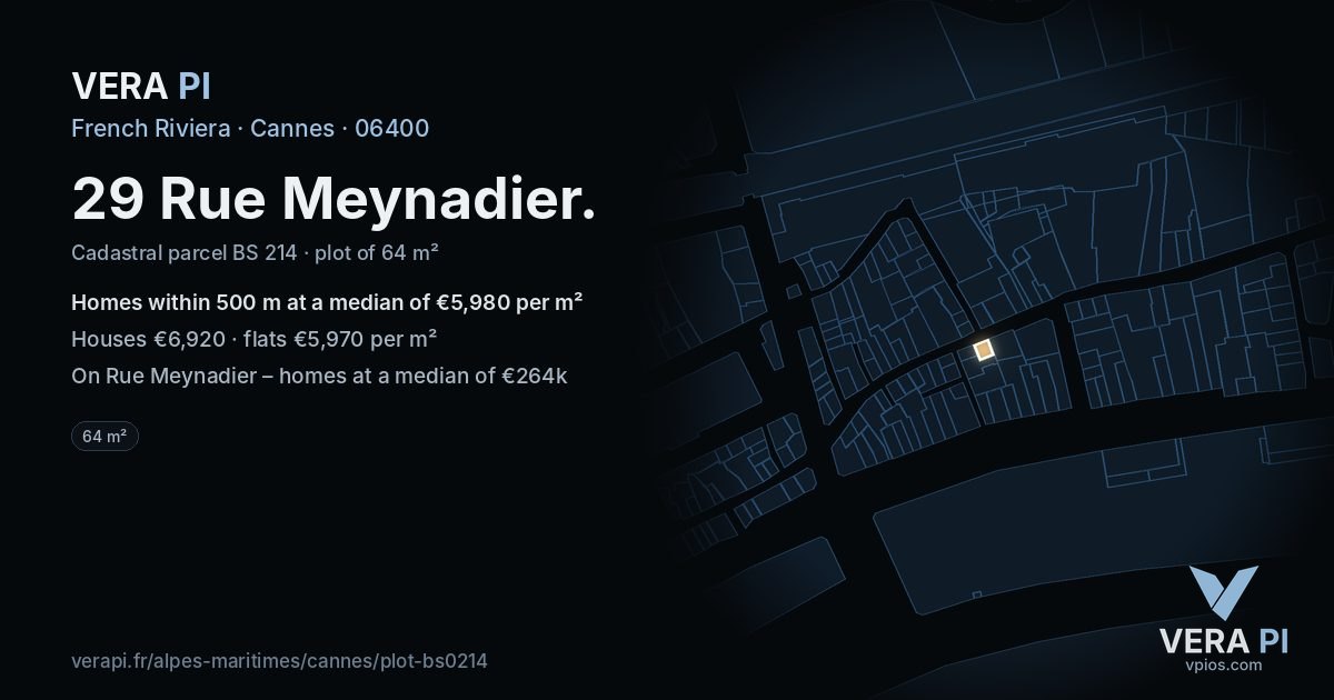 29 Rue Meynadier, Cannes at night – the plot lit, the parcels around coloured by the prices near them