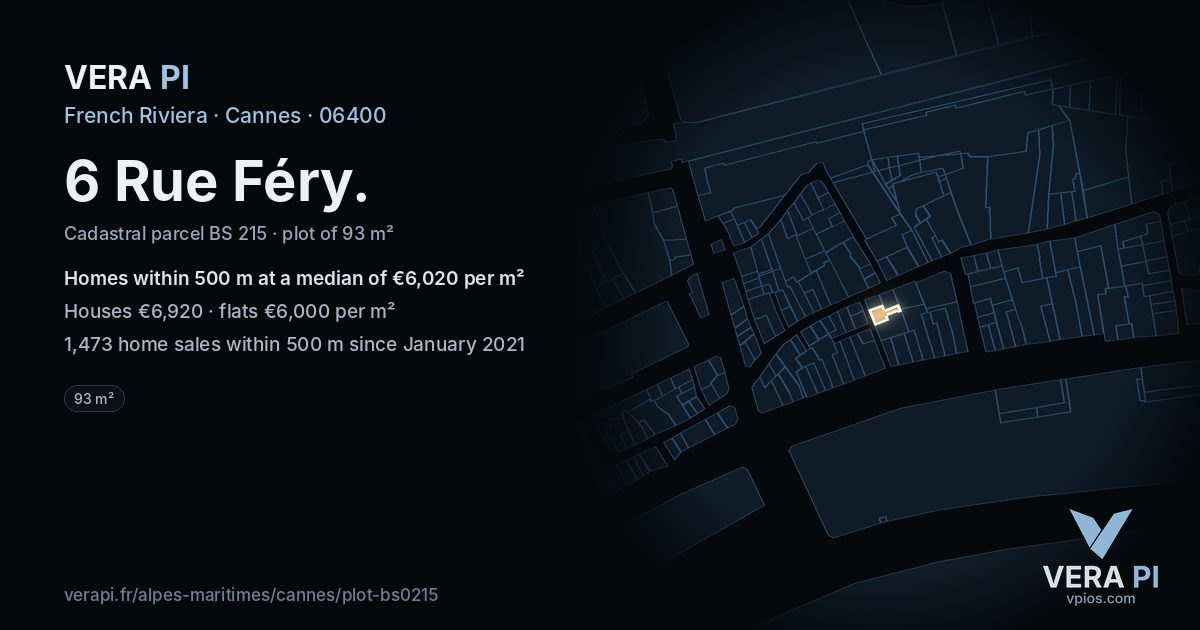 6 Rue Féry, Cannes at night – the plot lit, the parcels around coloured by the prices near them
