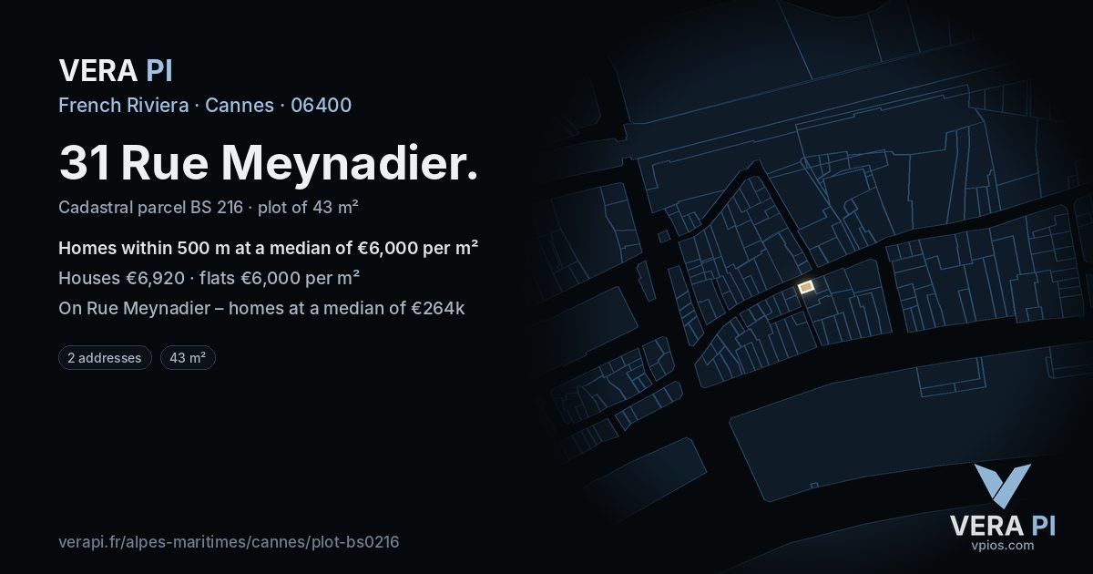 31 Rue Meynadier, Cannes at night – the plot lit, the parcels around coloured by the prices near them