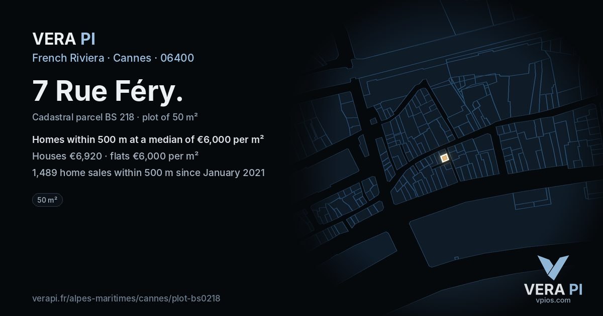 7 Rue Féry, Cannes at night – the plot lit, the parcels around coloured by the prices near them
