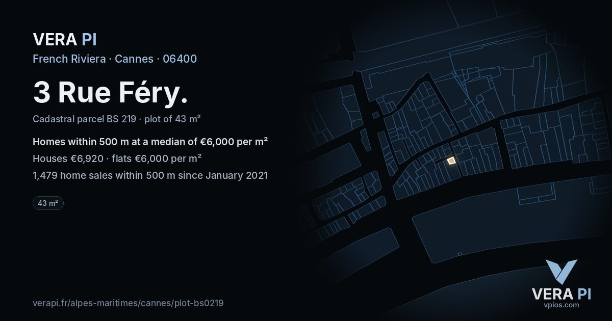 3 Rue Féry, Cannes at night – the plot lit, the parcels around coloured by the prices near them