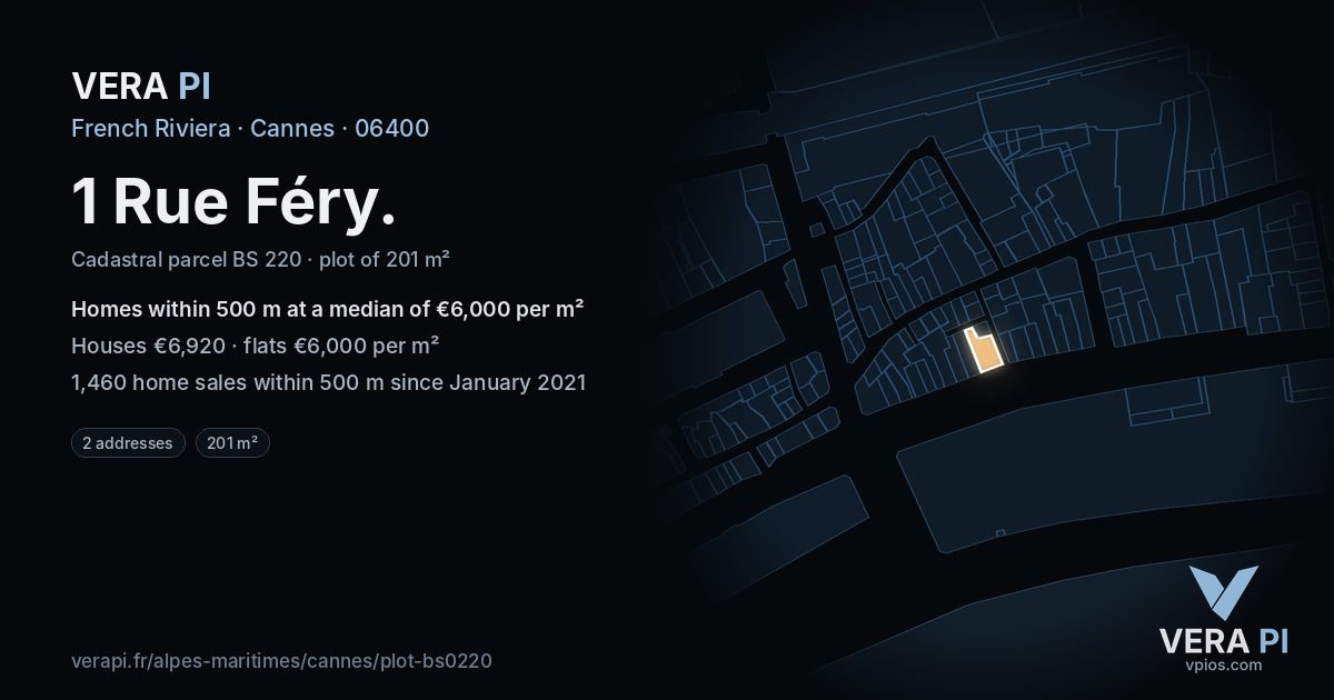 1 Rue Féry, Cannes at night – the plot lit, the parcels around coloured by the prices near them